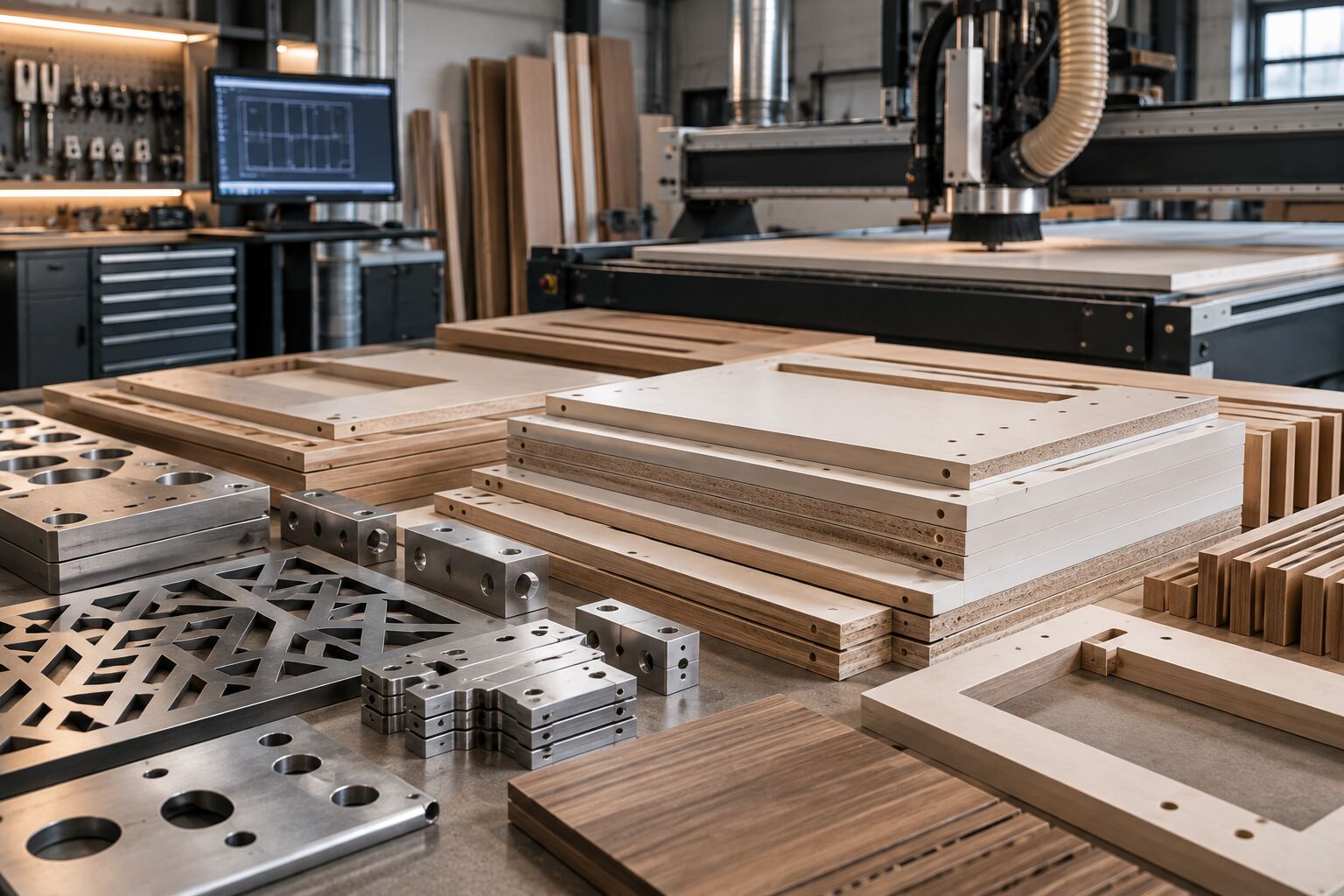 Pandors Designs CNC workshop with machined cabinetry components, aluminium parts and a decorative cut panel
