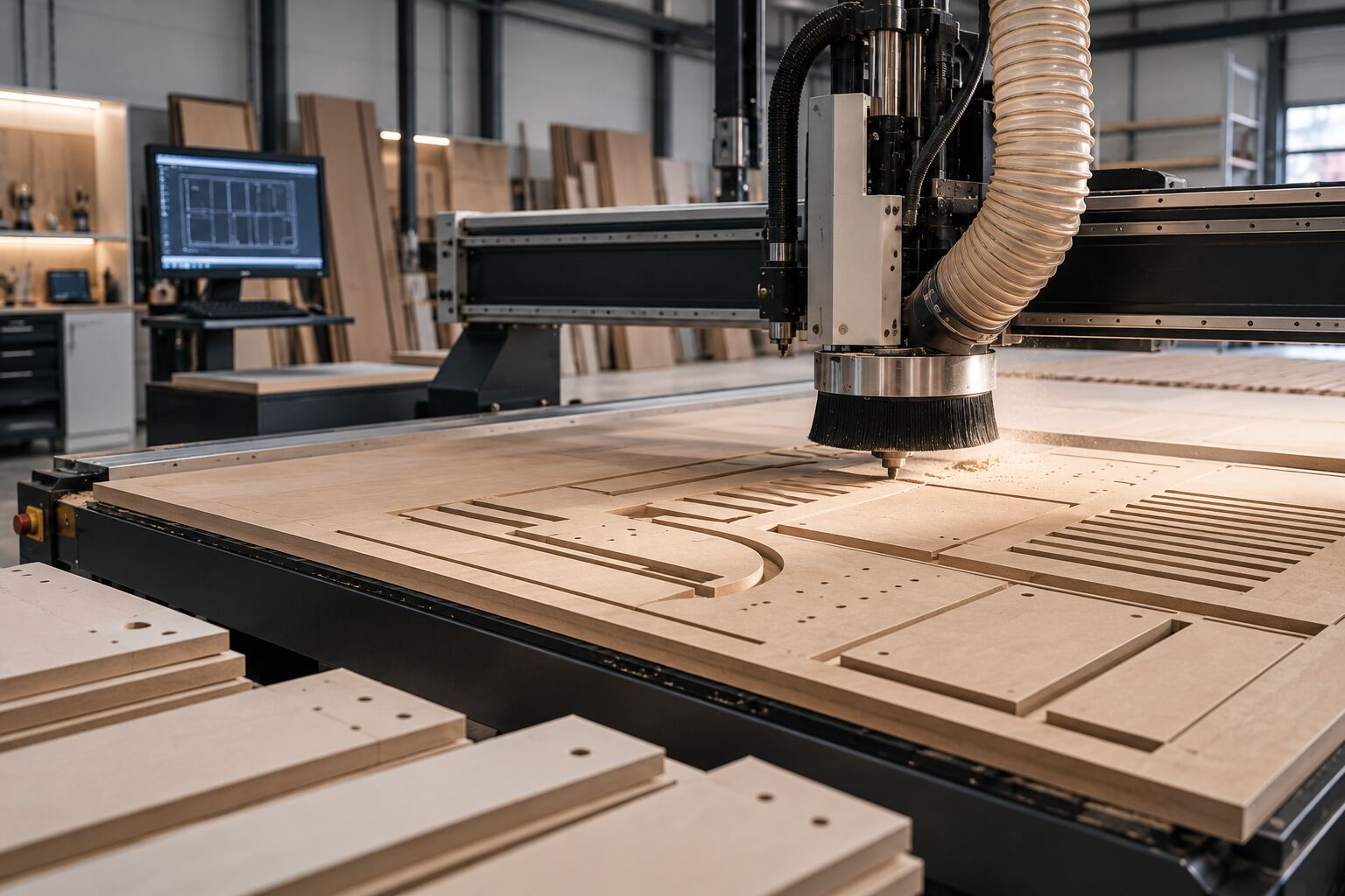 CNC router cutting cabinetry components in the Pandors Designs workshop, with a CAD layout on screen