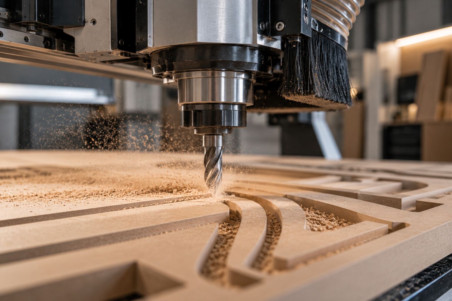 Close-up of a CNC router bit machining a wood panel at Pandors Designs