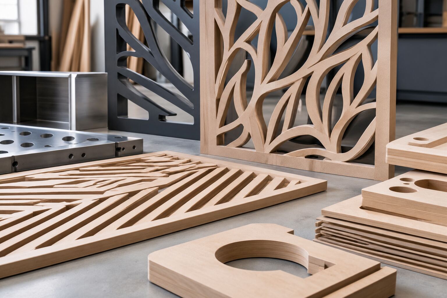 Decorative CNC-cut wood panel with an intricate leaf pattern alongside machined cabinetry components